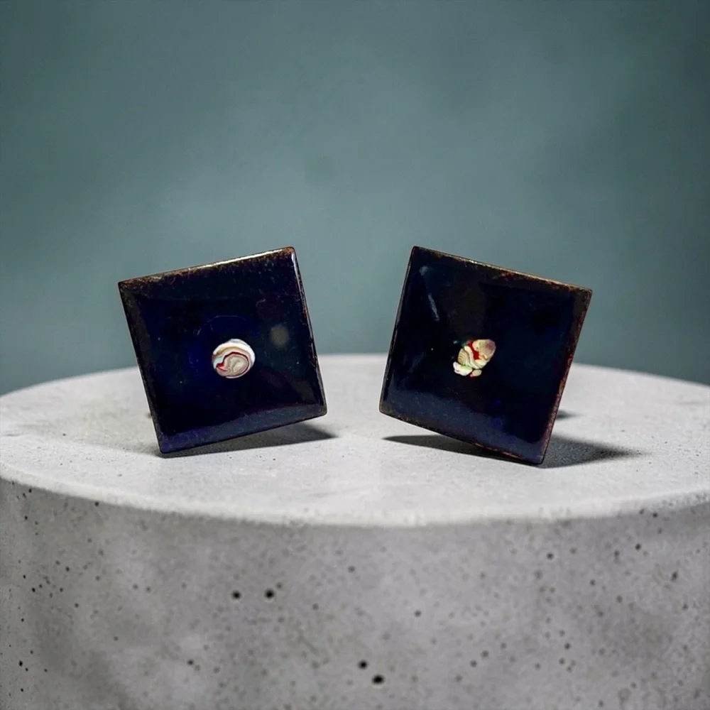 Vintage Mid Century Modern Copper and Blue Enamel Cufflinks Estate